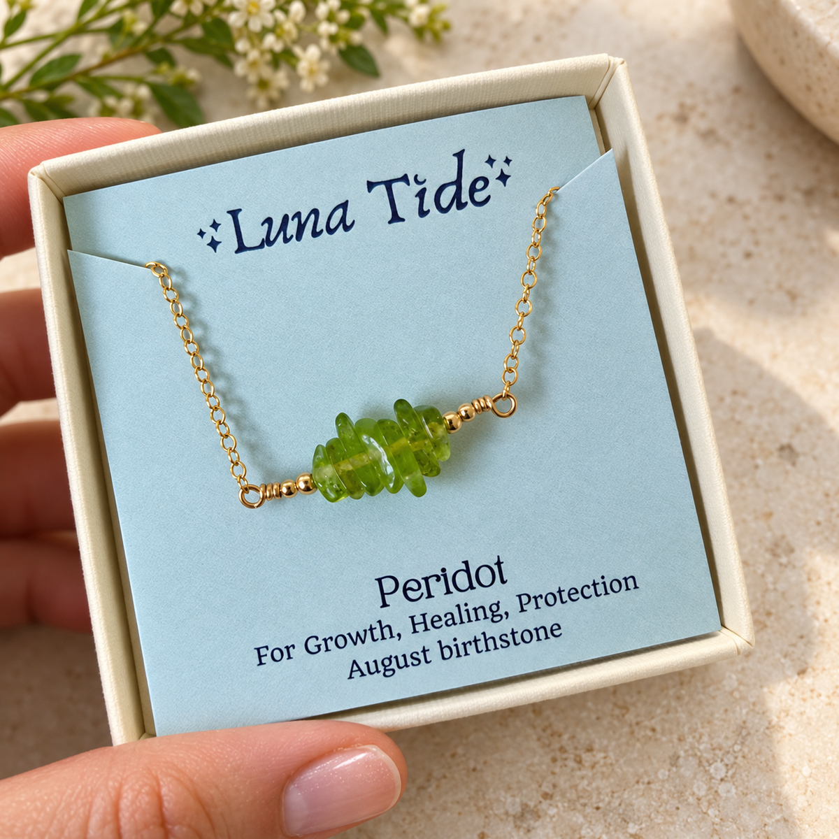 Peridot Crystal Chip Bead Bar Necklace