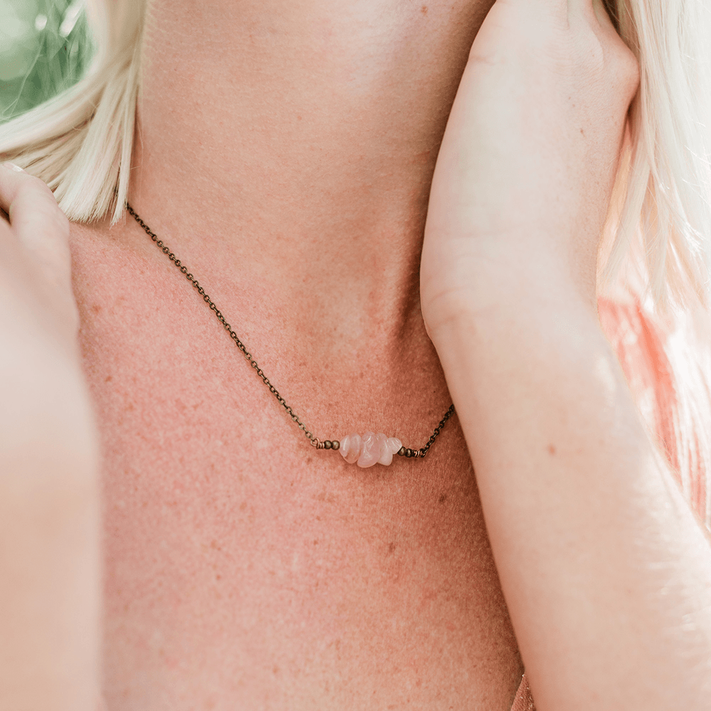 Bronze Rose Quartz Chip Bead Bar Necklace