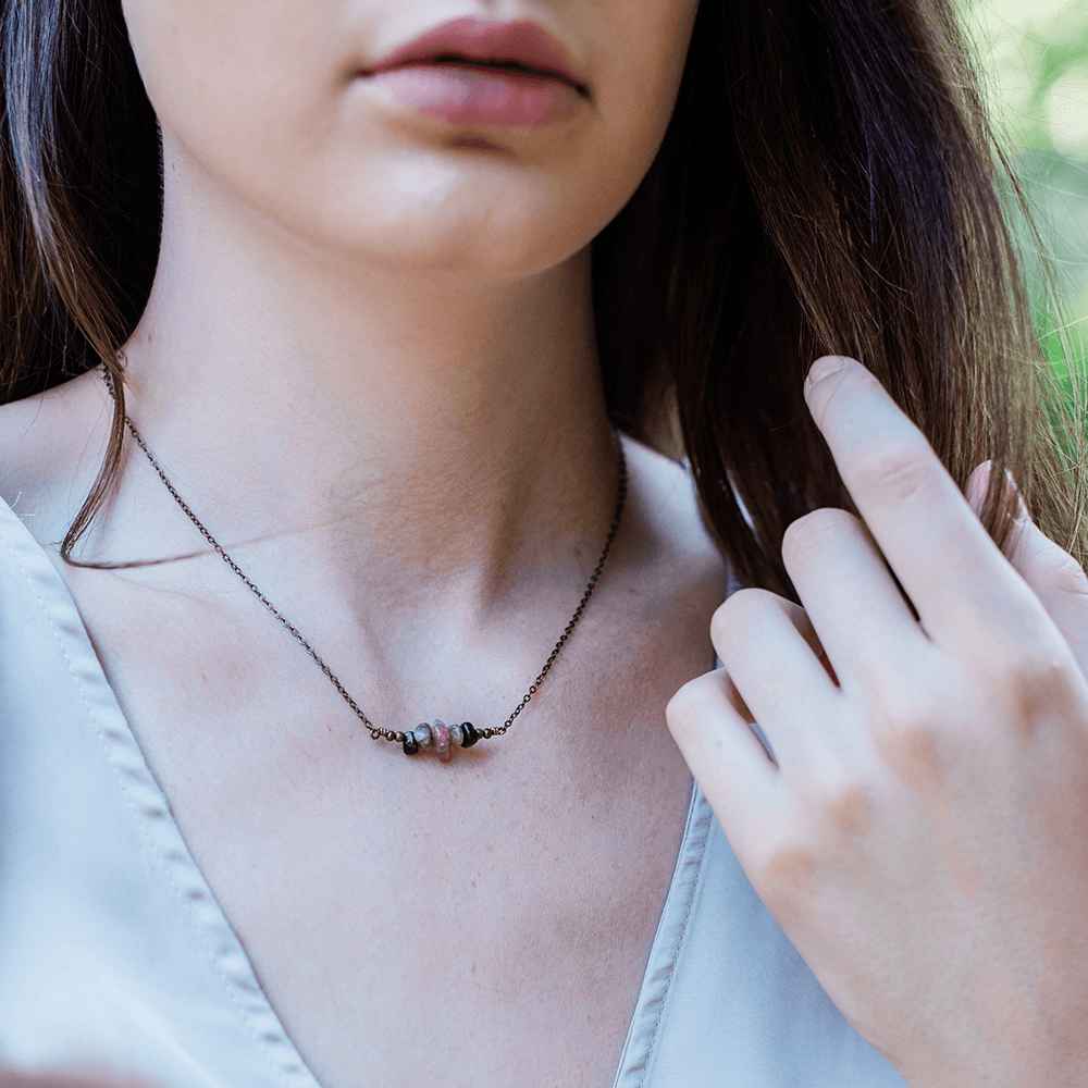 Bronze Rainbow Tourmaline Chip Bead Bar Necklace