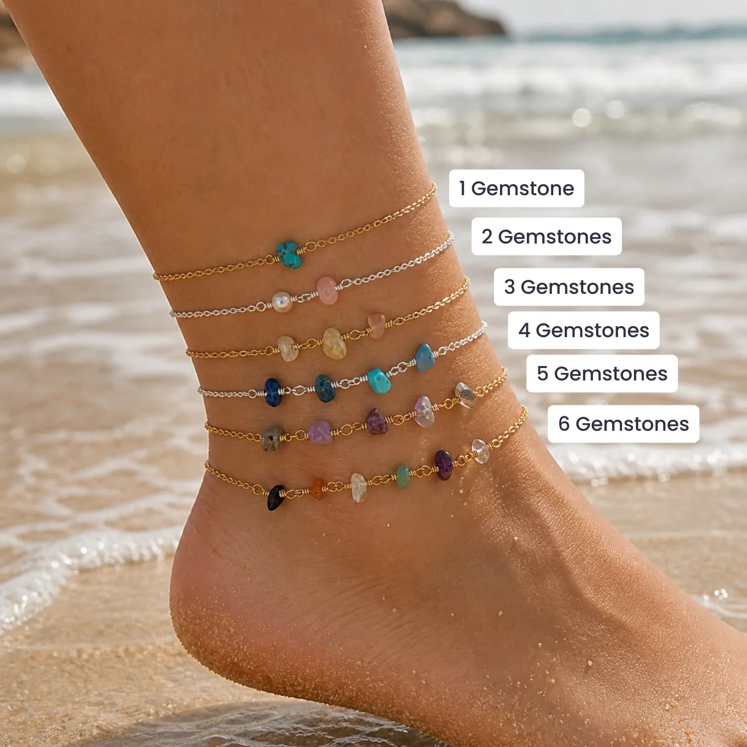 Custom Gemstone Beaded Chain Anklet - Custom Gemstone Beaded Chain Anklet - 14k Gold Fill / M 20-25cm (8-10") - Standard - Luna Tide Handmade Crystal Jewellery