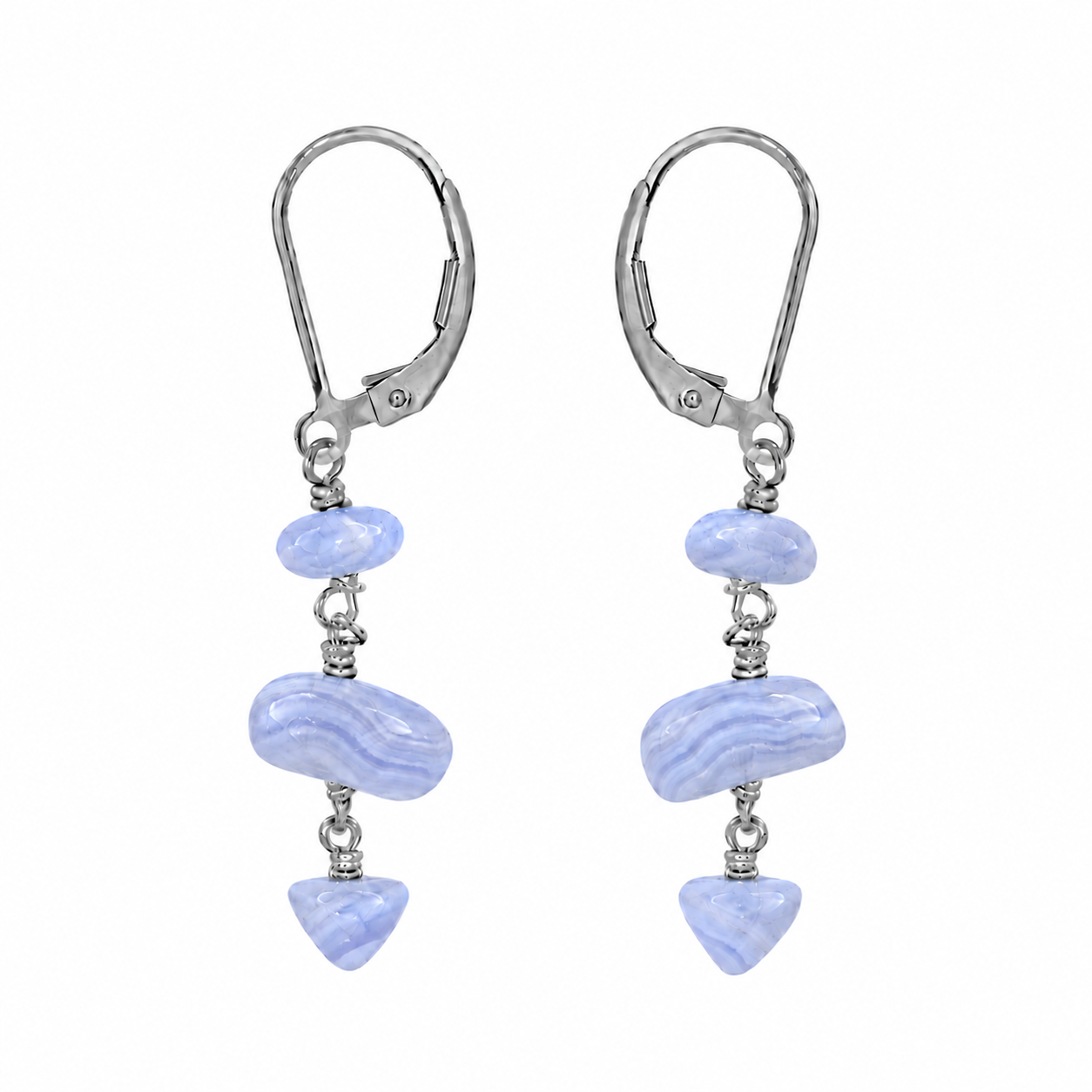 Blue Lace Agate Crystal Beaded Chain Dangle Leverback Earrings