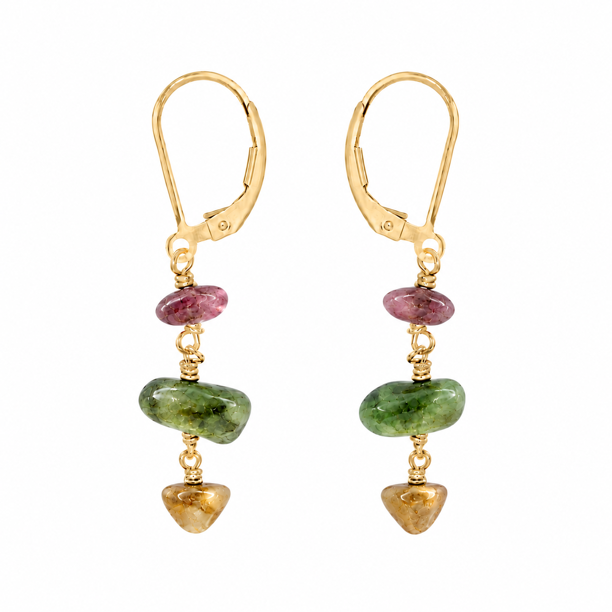 Rainbow Tourmaline Crystal Beaded Chain Dangle Leverback Earrings