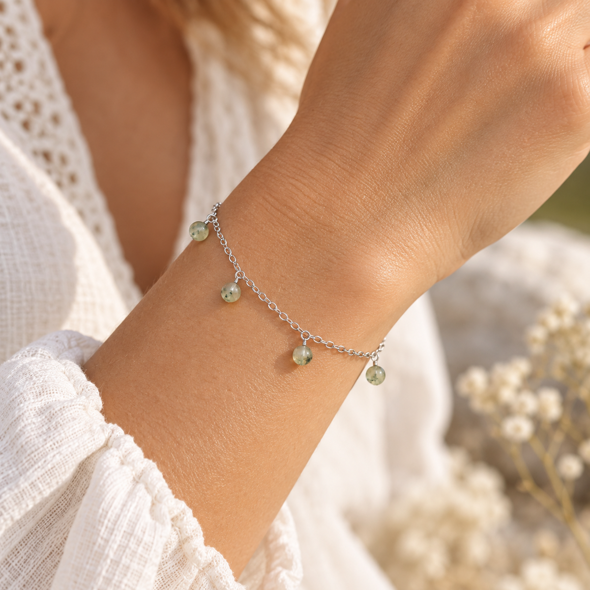 Prehnite Boho Gemstone Bead Drop Charm Bracelet