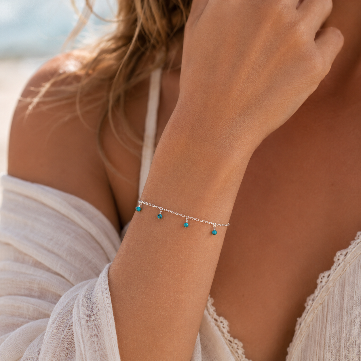 Turquoise Boho Gemstone Bead Drop Charm Bracelet