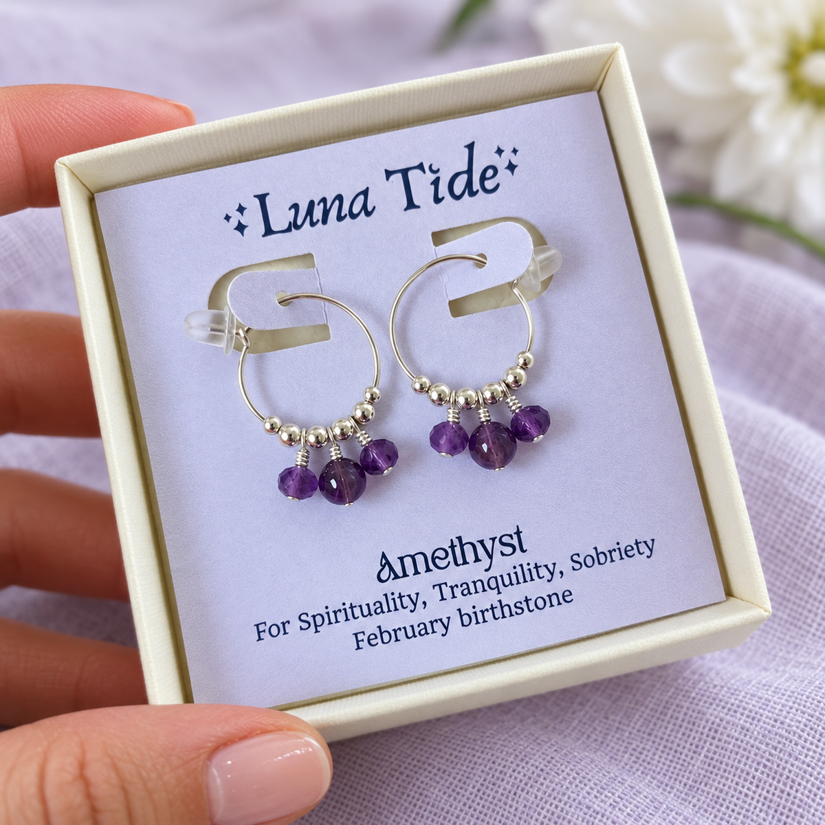 Purple Amethyst Gemstone Bead Drop Hoop Earrings