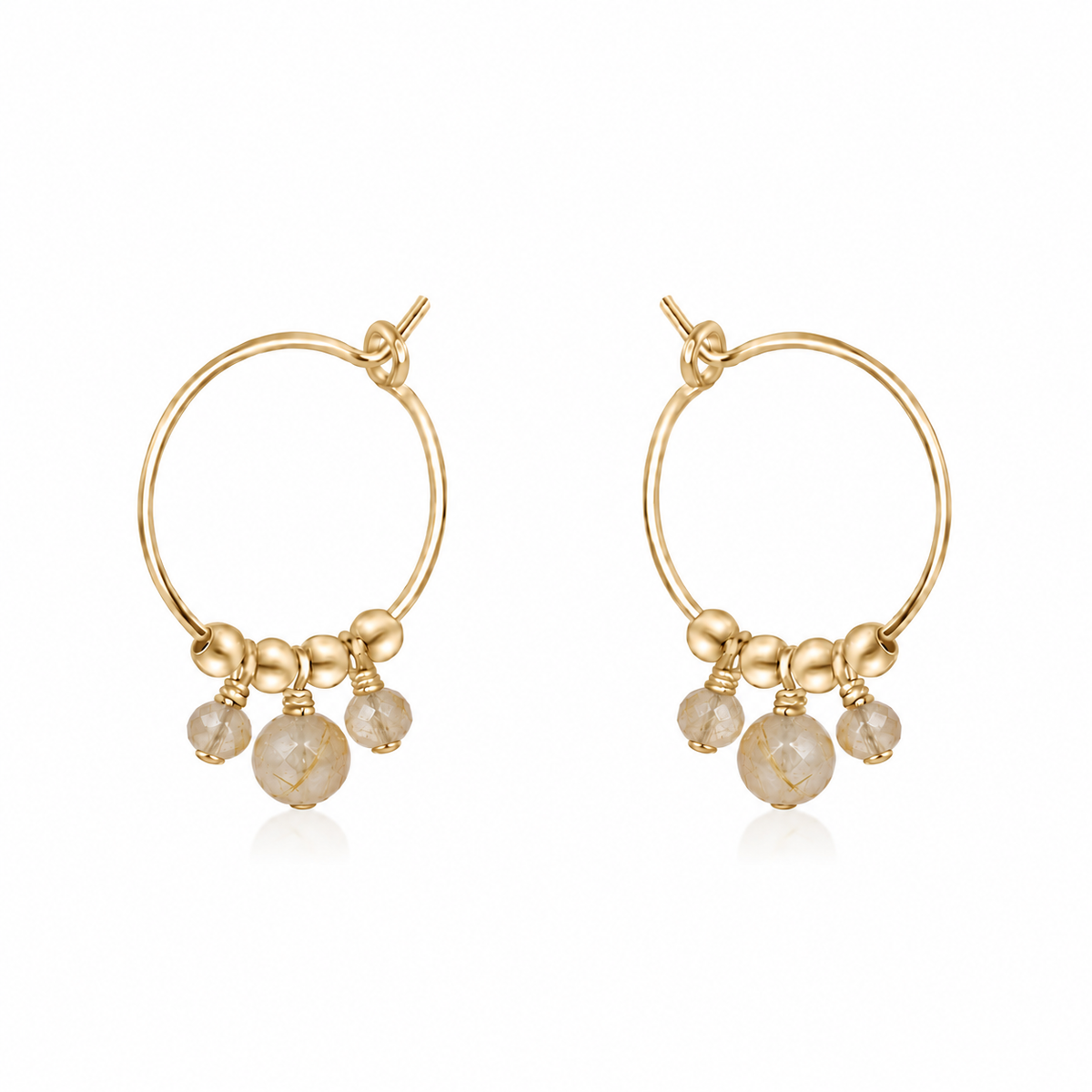 Golden Rutilated Quartz Gemstone Bead Drop Hoop Earrings