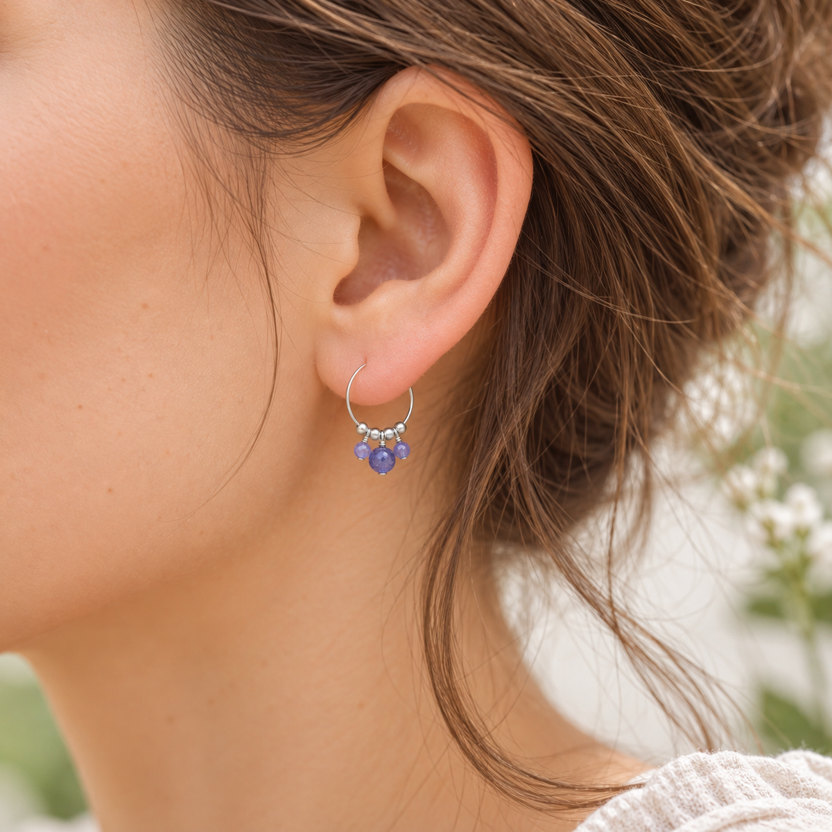Tanzanite Gemstone Bead Drop Hoop Earrings