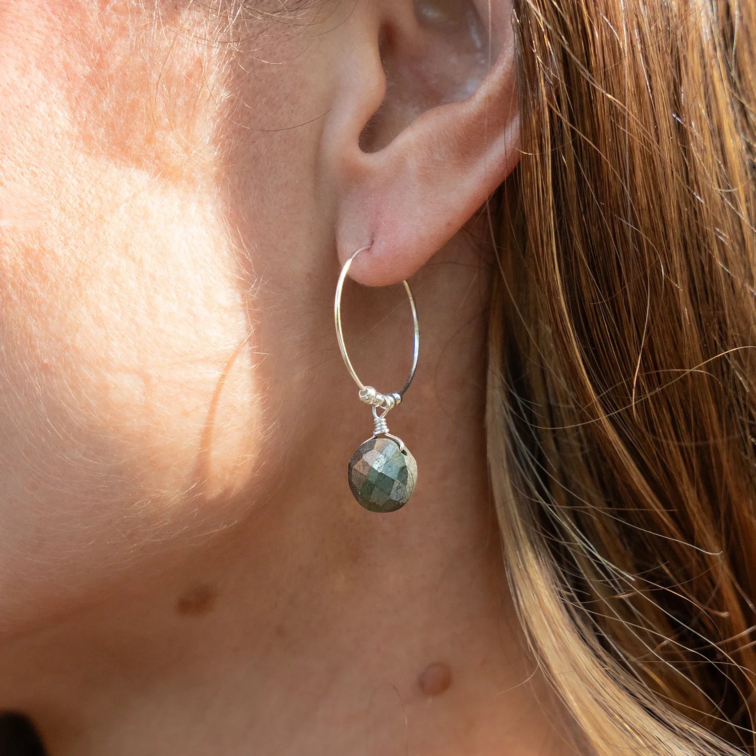 Faceted Pyrite Crystal Circle Dangle Hoop Earrings