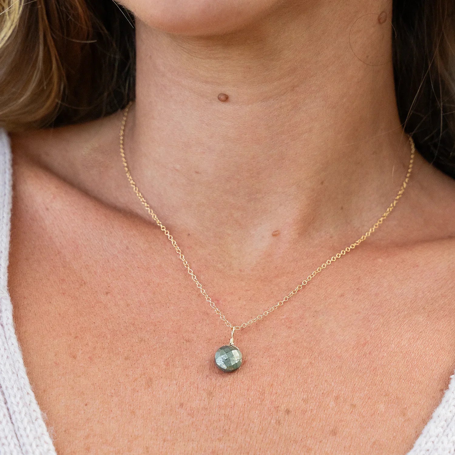 Faceted Pyrite Crystal Circle Pendant Necklace