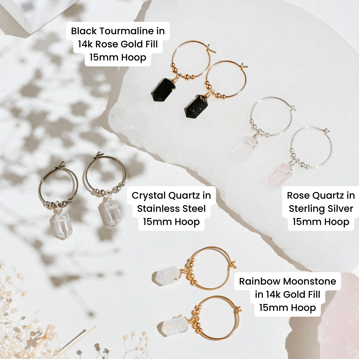 Custom Double Terminated Mini Crystal Point Dangle Hoop Earrings