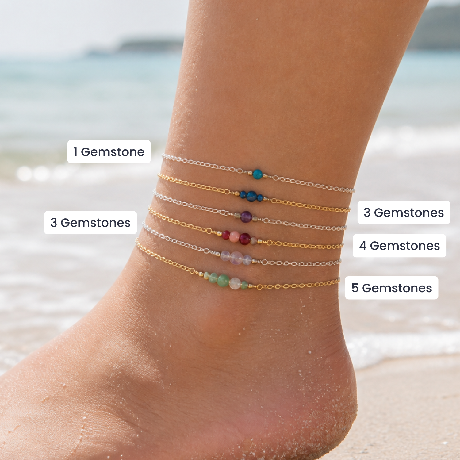 Custom Dainty Gemstone Anklet - Custom Dainty Gemstone Anklet - 14k Gold Fill / M 20-25cm (8-10") - Standard - Luna Tide Handmade Crystal Jewellery