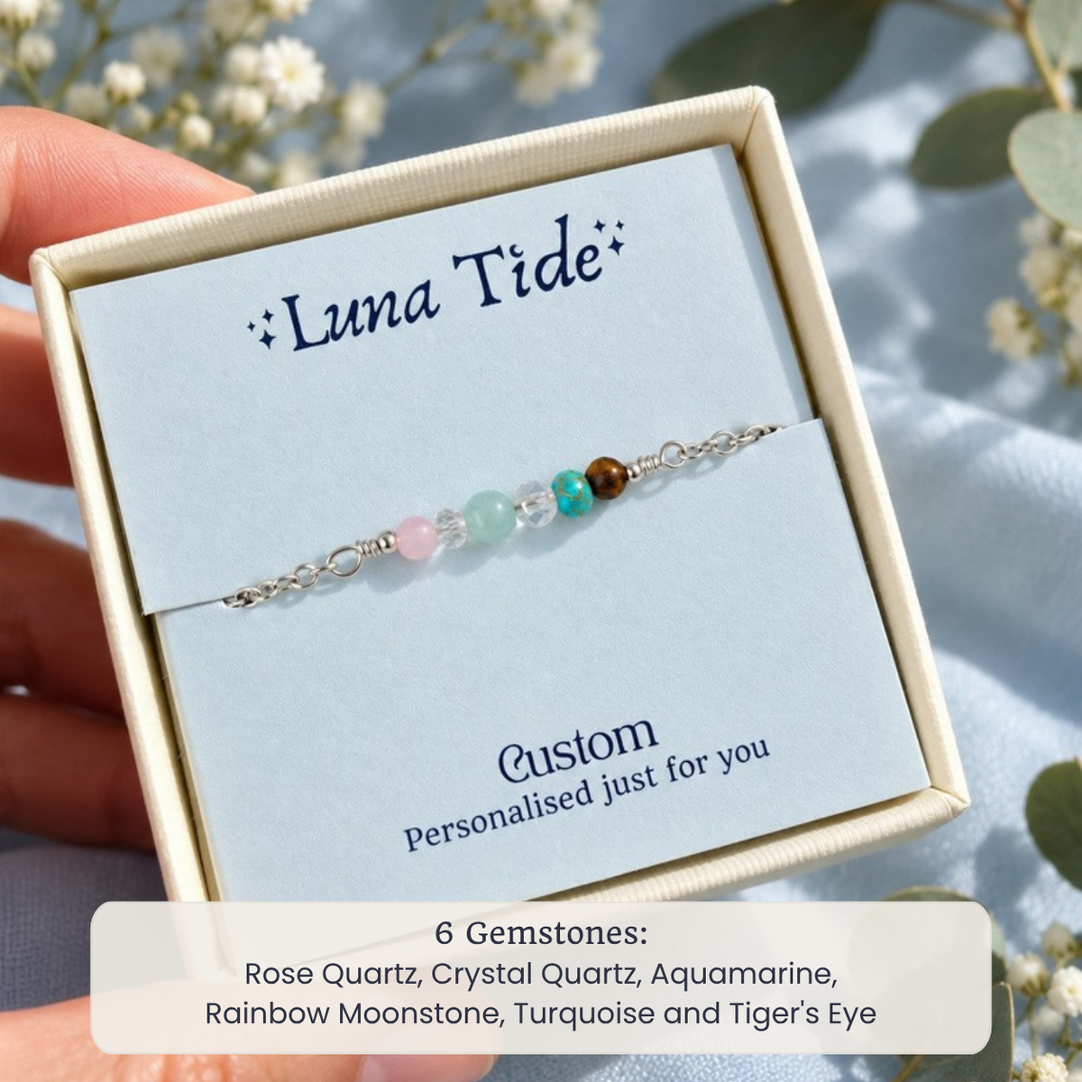 Custom dainty gemstone bracelet with Rose Quartz, Crystal Quartz, Aquamarine, Rainbow Moonstone, Turquoise and Tiger's Eye in a Luna Tide gift box