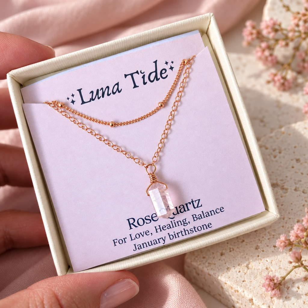 Rose Quartz Double Terminated Crystal Chain Layered Choker Necklace