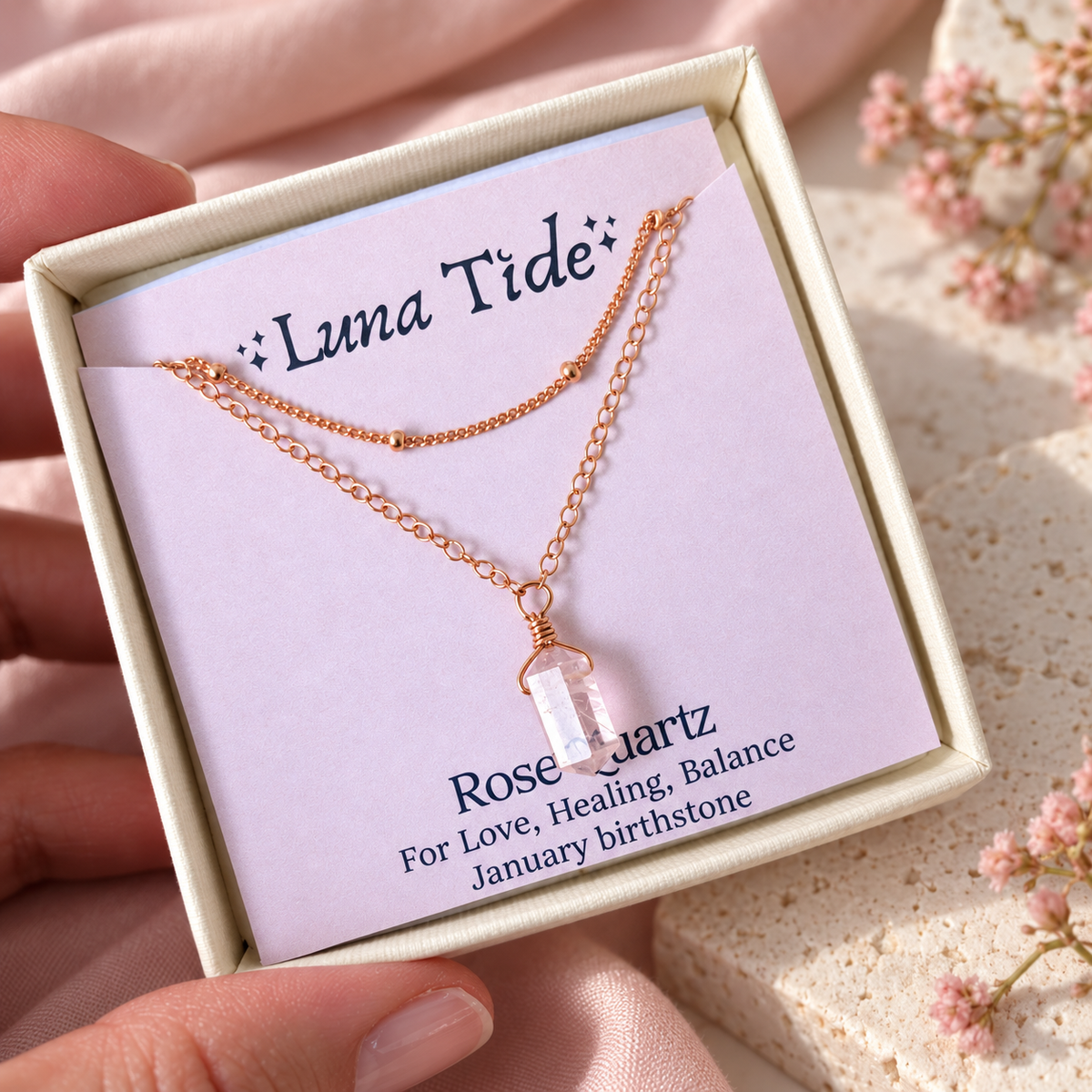 Rose Quartz Double Terminated Crystal Chain Layered Choker Necklace