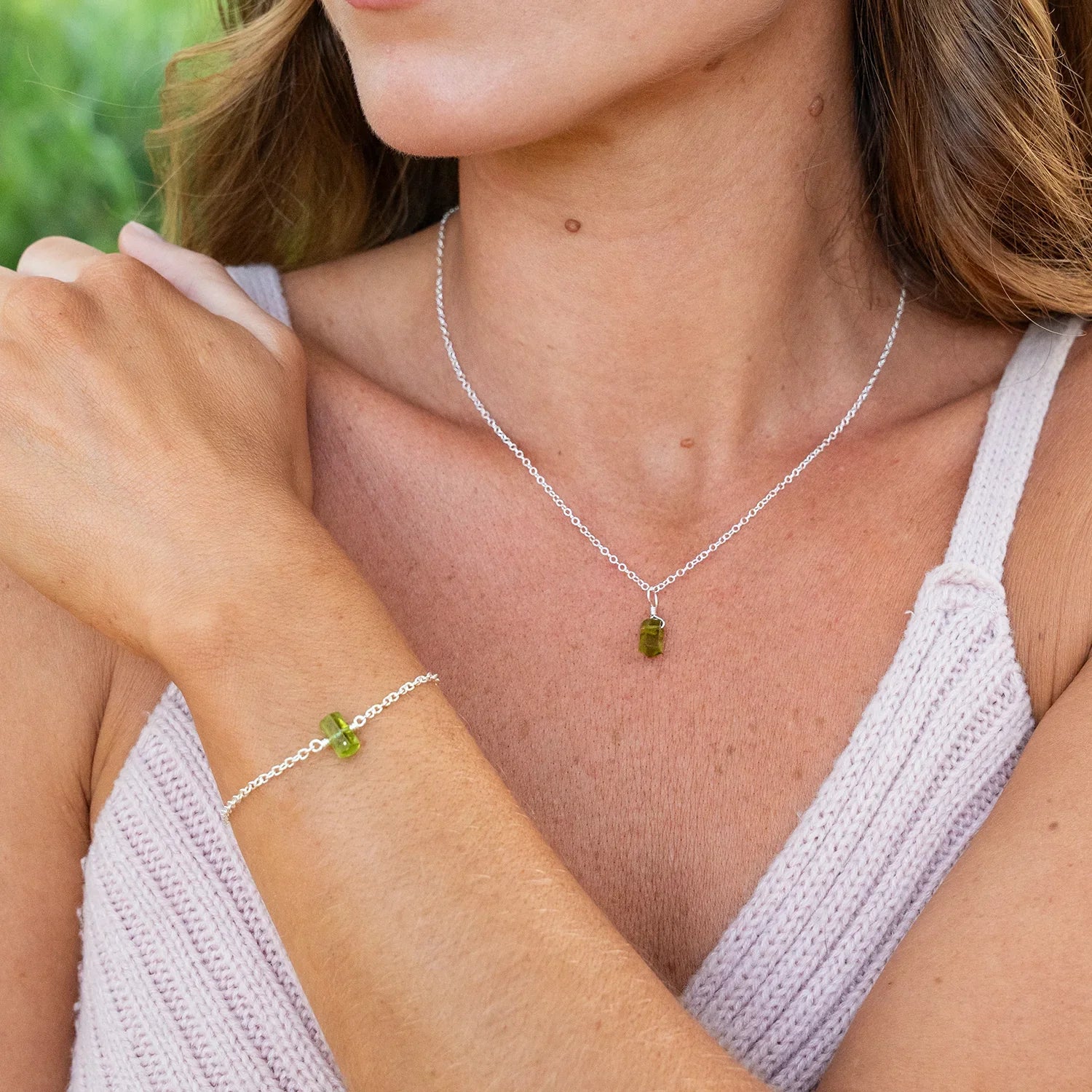 Peridot Double Terminated Mini Crystal Point Bracelet