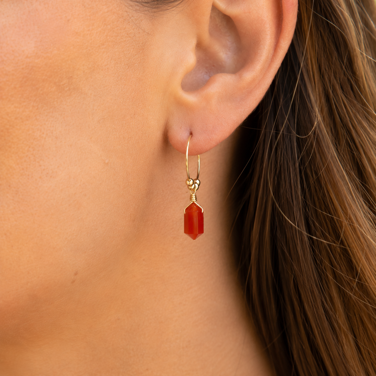 Double Terminated Carnelian Mini Crystal Point Dangle Hoop Earrings