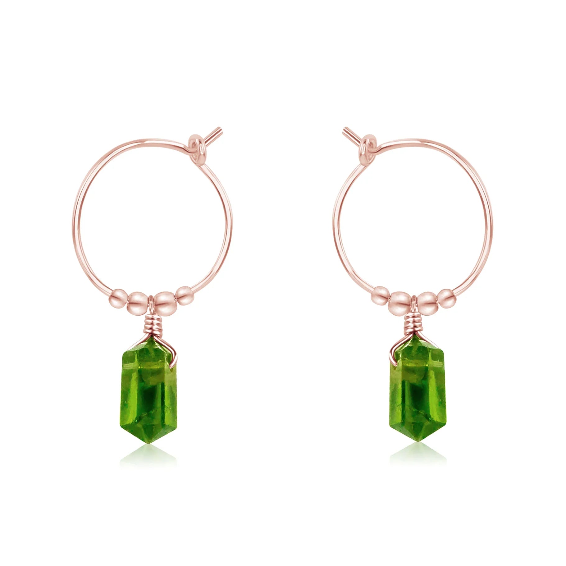 Double Terminated Peridot Mini Crystal Point Dangle Hoop Earrings