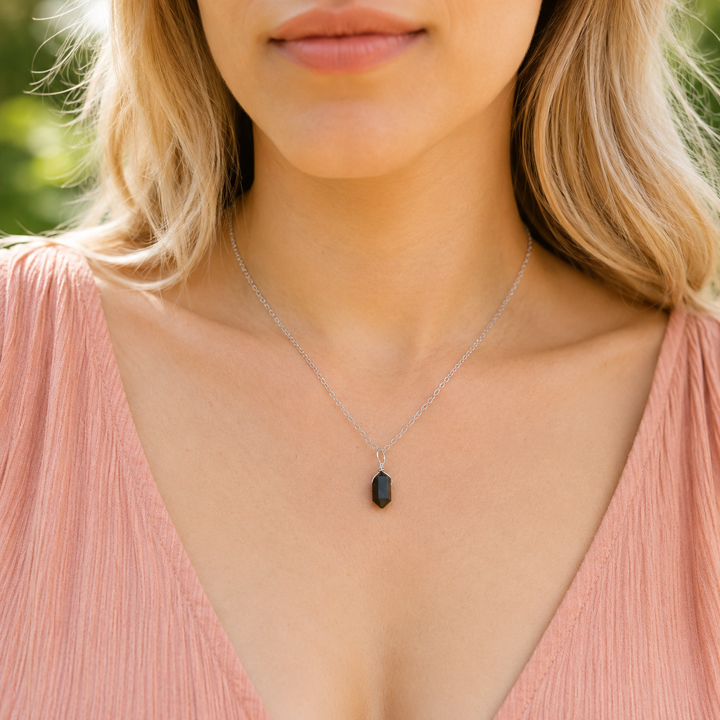 Black Tourmaline Mini Double Terminated Crystal Point Pendant Necklace