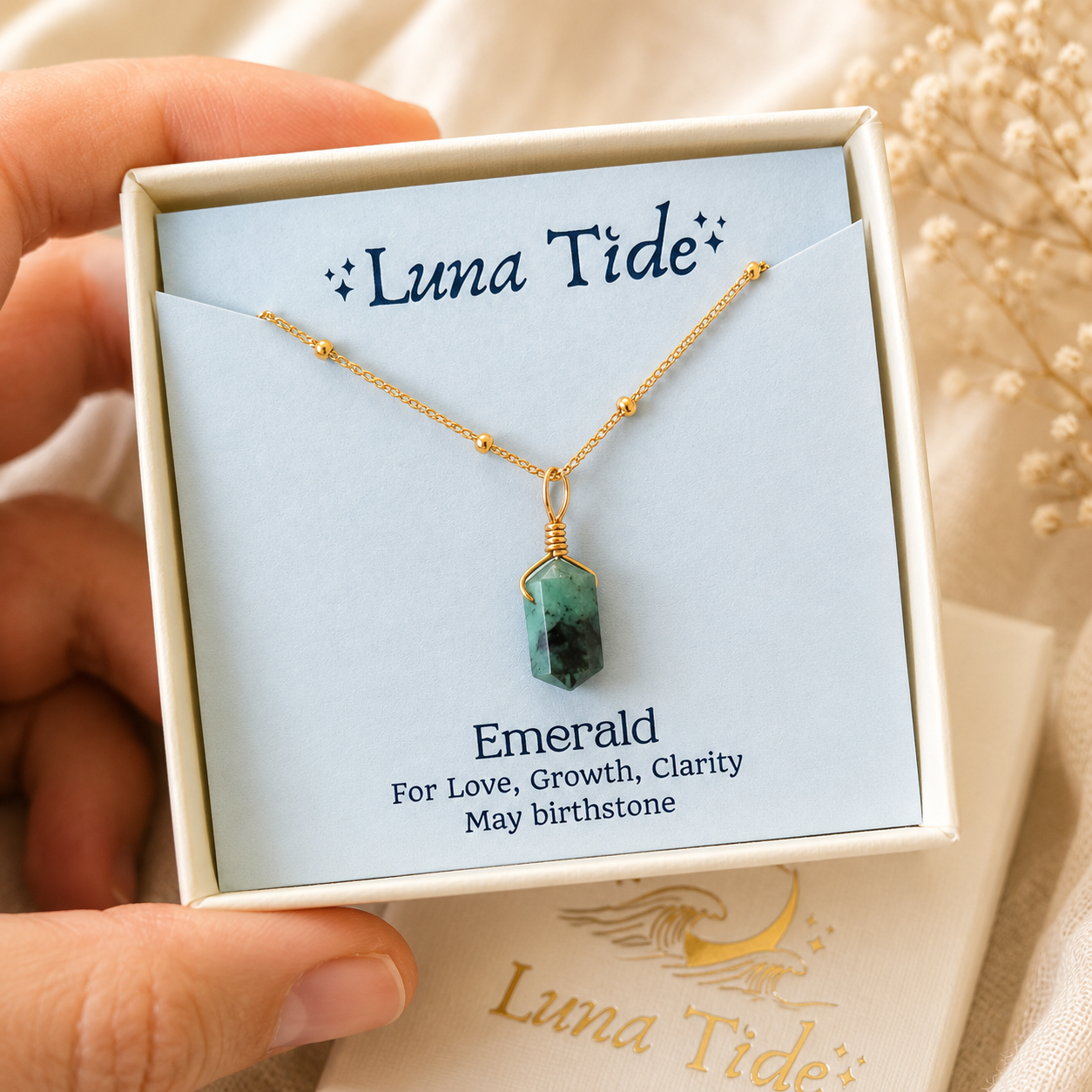 Emerald Mini Double Terminated Crystal Point Pendant Necklace