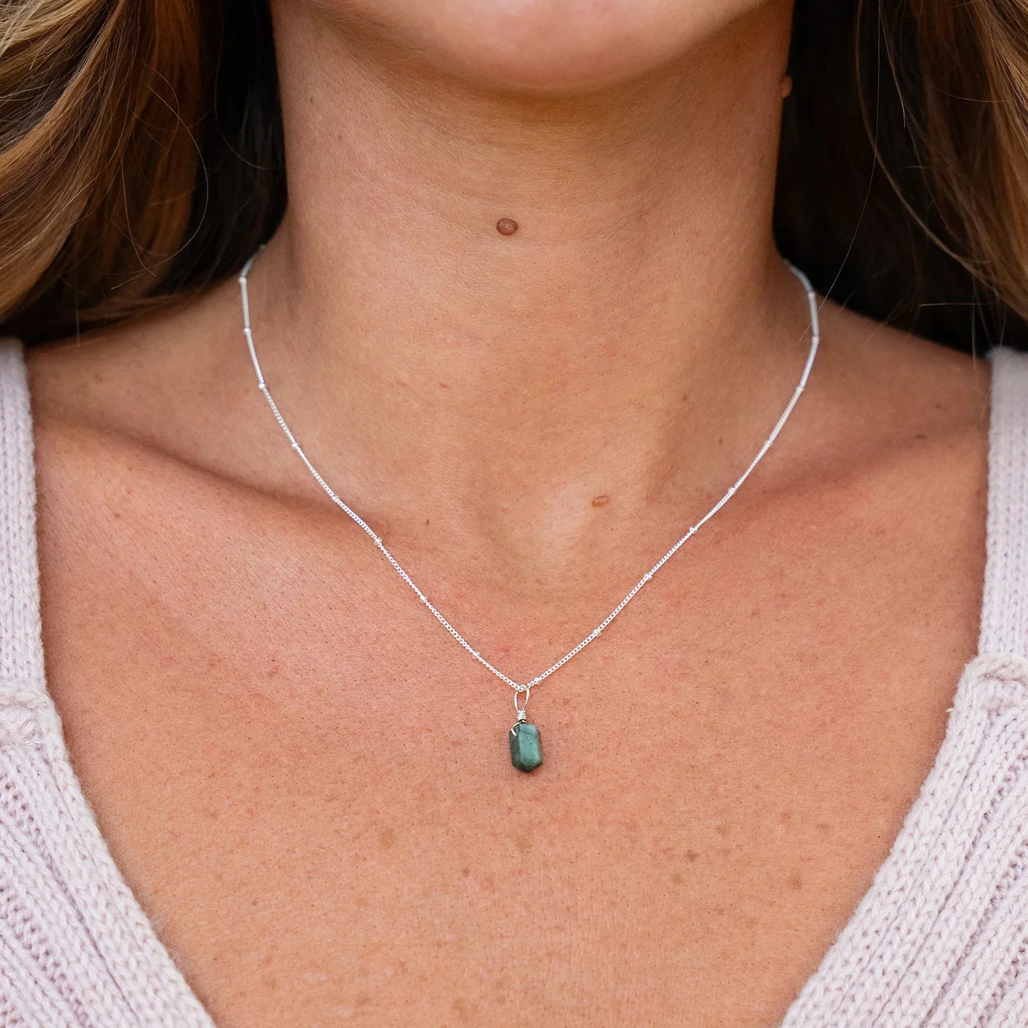 Emerald Mini Double Terminated Crystal Point Pendant Necklace