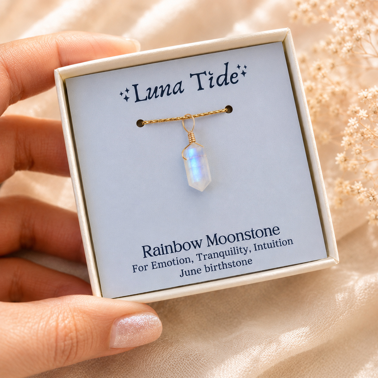 Rainbow Moonstone Mini Double Terminated Crystal Point Pendant
