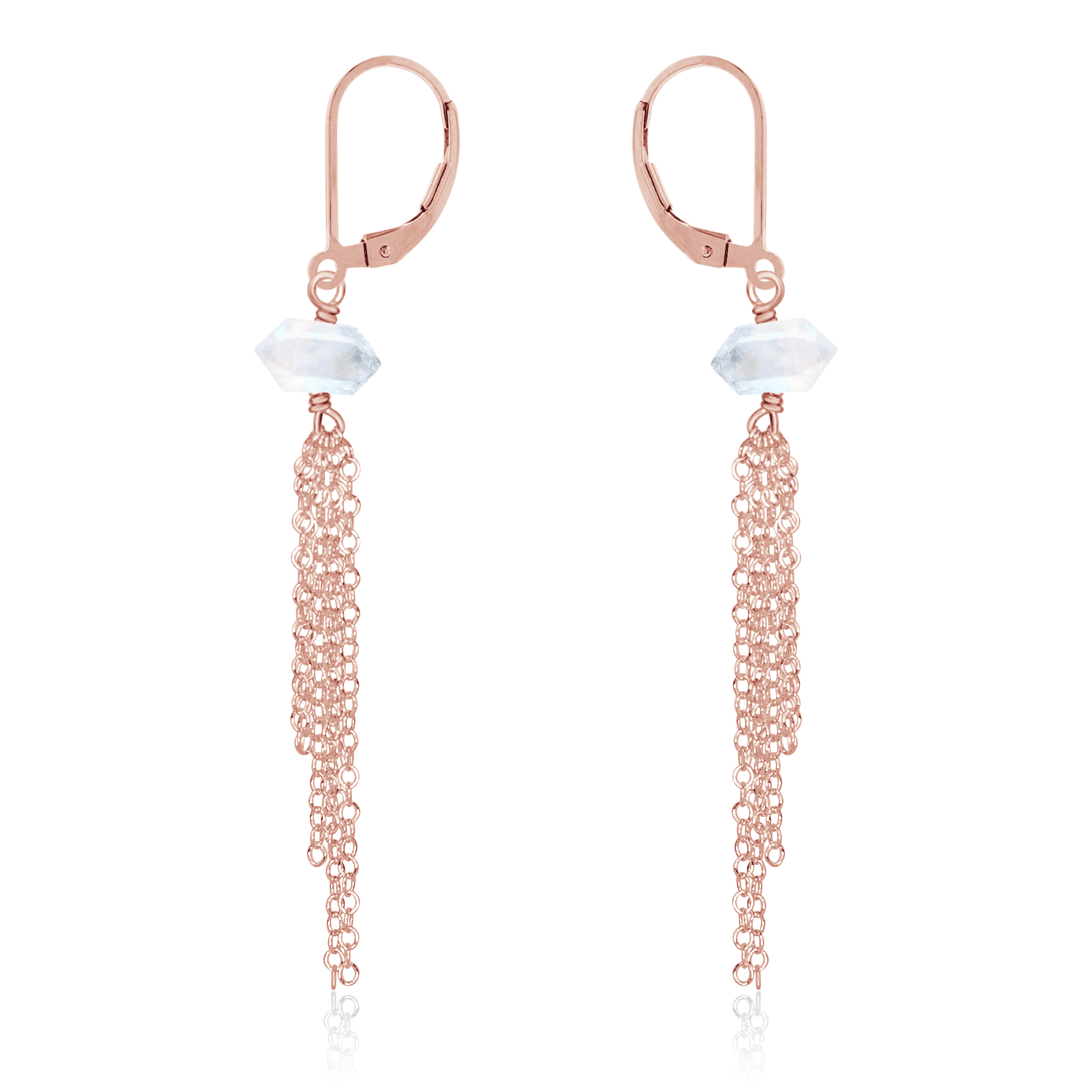 Rainbow Moonstone Double Terminated Crystal Point Tassel Earrings - Rainbow Moonstone Double Terminated Crystal Point Tassel Earrings - 14k Rose Gold Fill - Luna Tide Handmade Crystal Jewellery