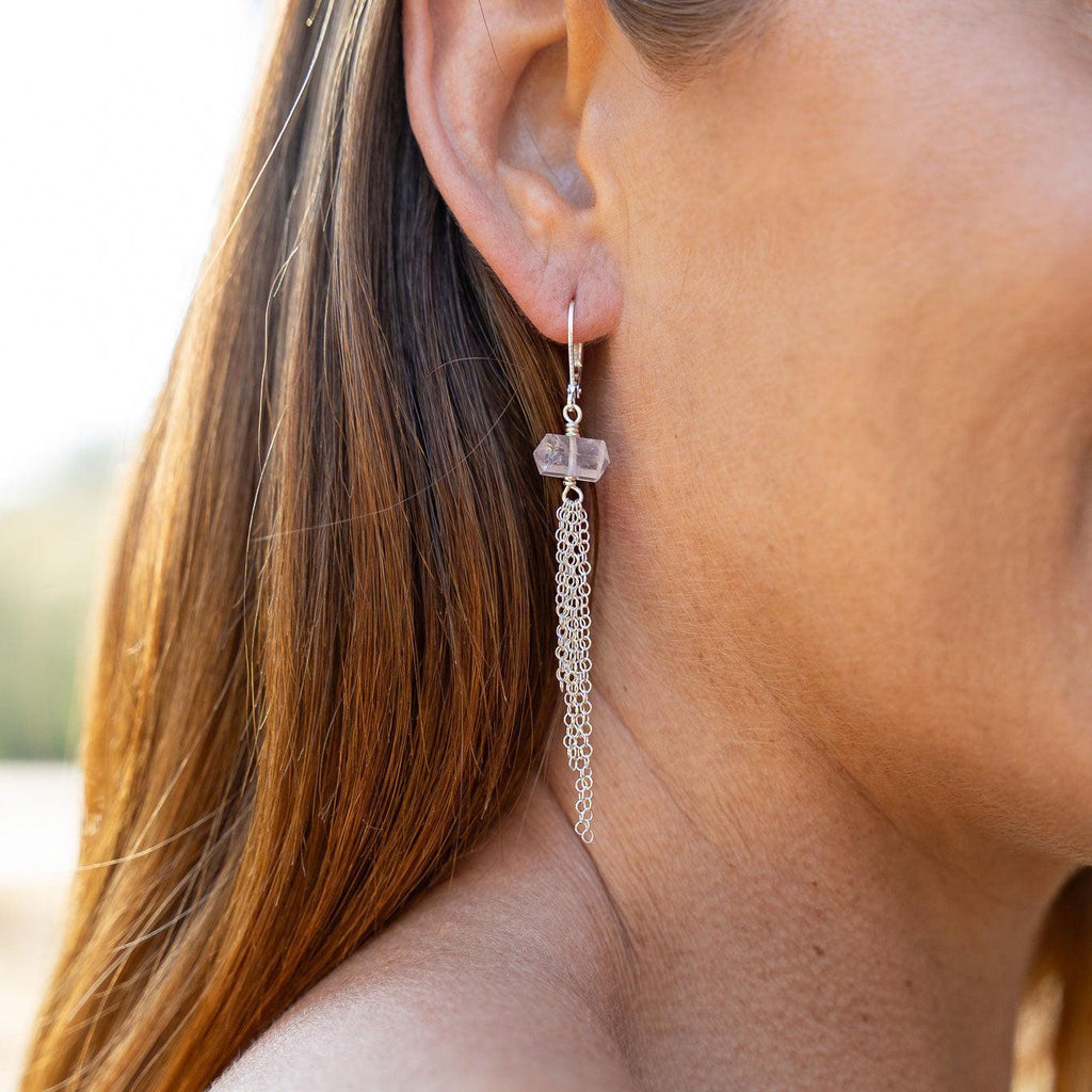 Rose Quartz Double Terminated Crystal Point Tassel Earrings - Rose Quartz Double Terminated Crystal Point Tassel Earrings - Sterling Silver - Luna Tide Handmade Crystal Jewellery
