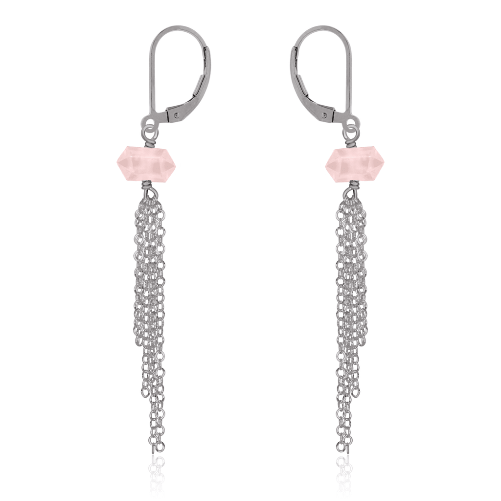 Rose Quartz Double Terminated Crystal Point Tassel Earrings - Rose Quartz Double Terminated Crystal Point Tassel Earrings - Stainless Steel - Luna Tide Handmade Crystal Jewellery