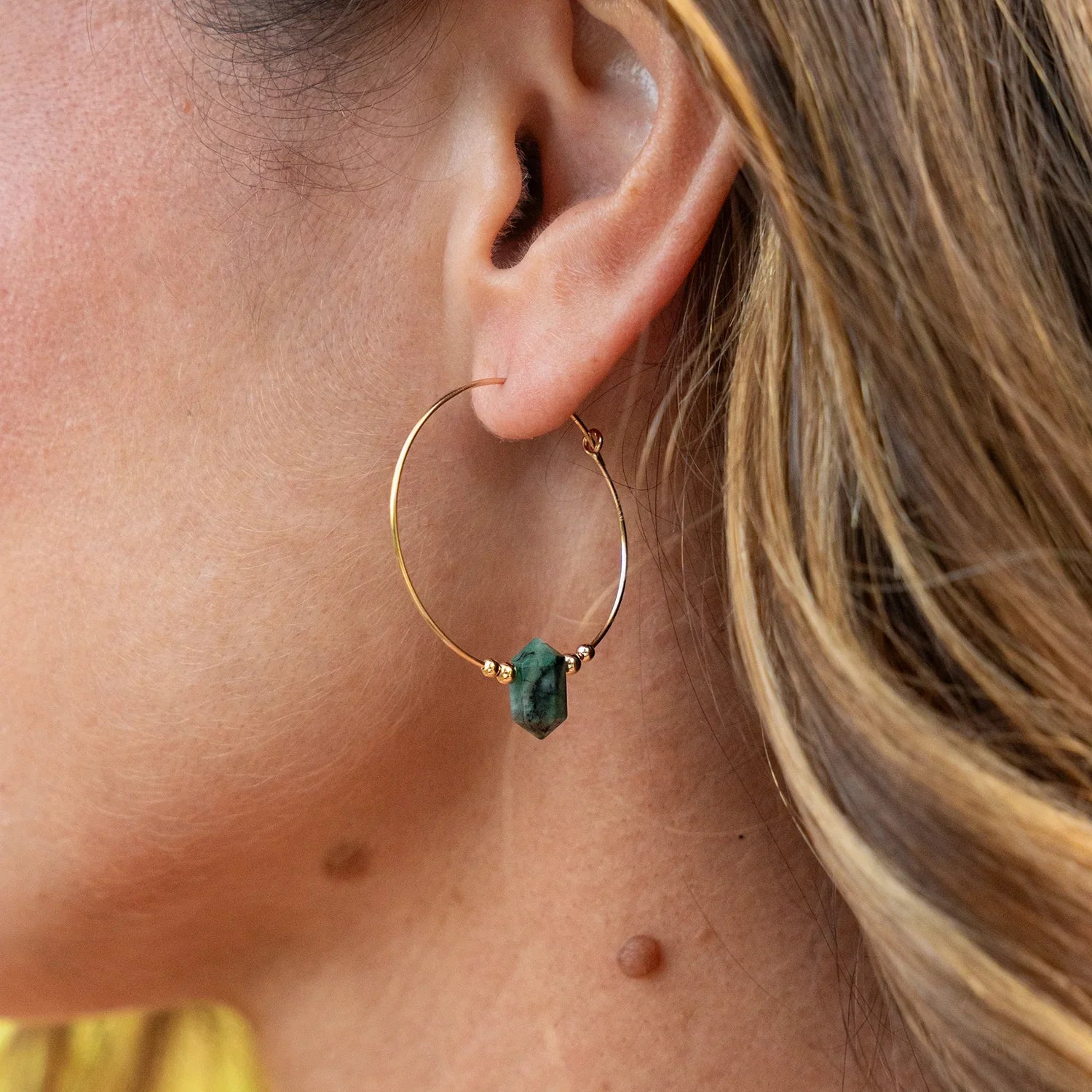 Large Hoop Emerald Double Terminated Crystal Point Earrings