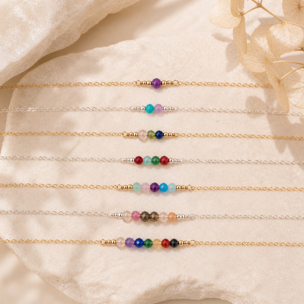 Custom Sparkling Gemstone Faceted Bead Bar Anklet - Custom Sparkling Gemstone Faceted Bead Bar Anklet - 14k Gold Fill / M 20-25cm (8-10") - Standard - Luna Tide Handmade Crystal Jewellery