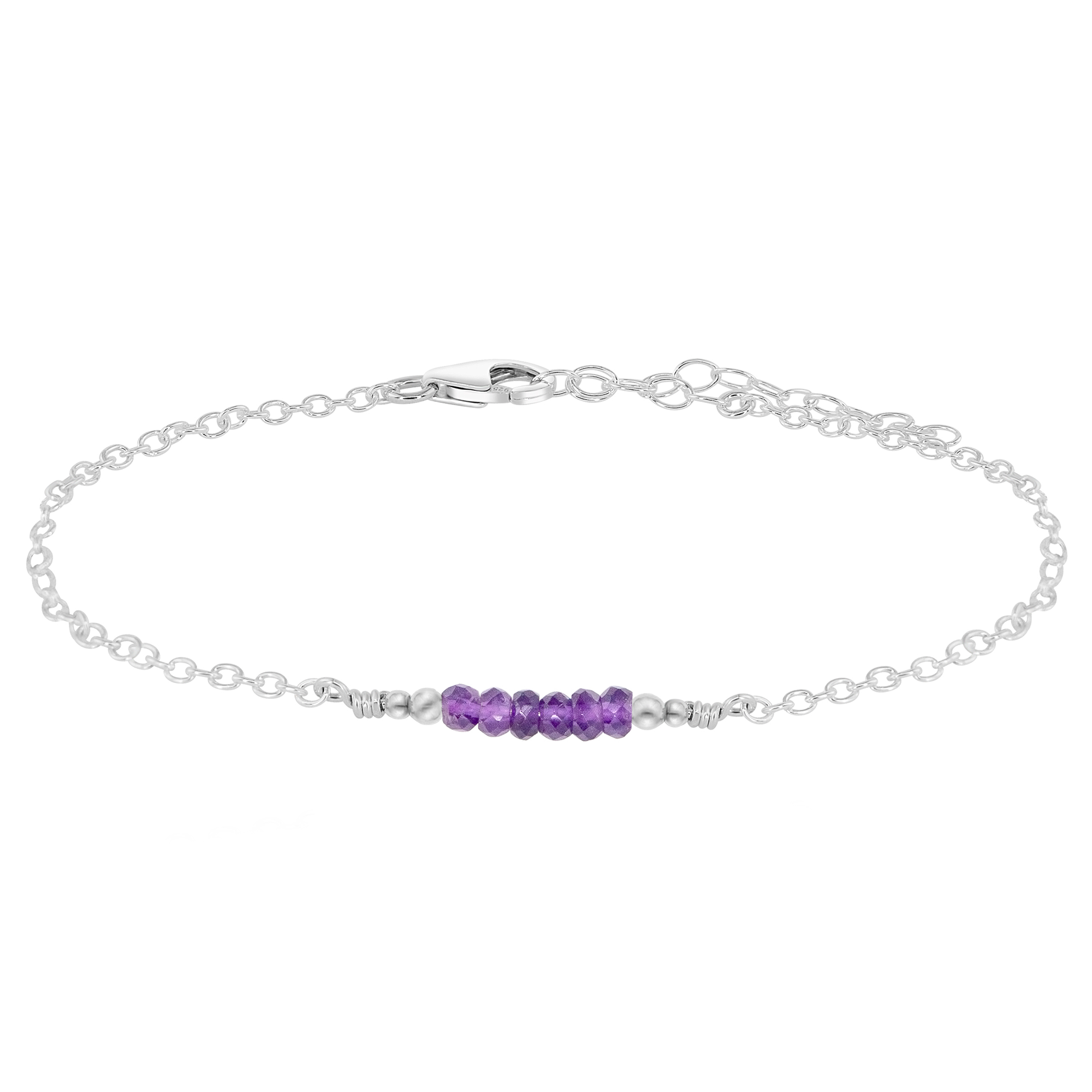 Sparkling Amethyst Gemstone Faceted Bead Bar Anklet - Sparkling Amethyst Gemstone Faceted Bead Bar Anklet - Sterling Silver - Luna Tide Handmade Crystal Jewellery