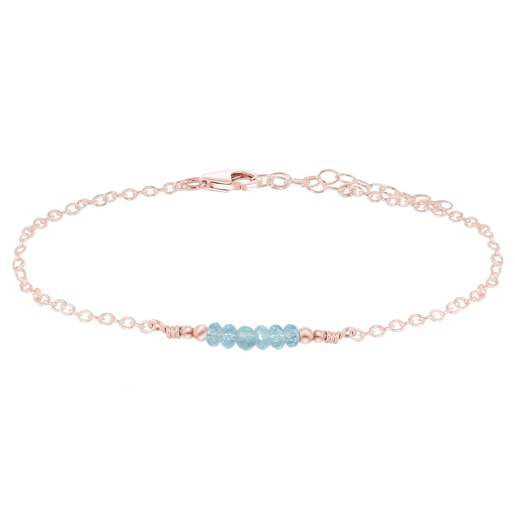 Sparkling Aquamarine Gemstone Faceted Bead Bar Anklet - Sparkling Aquamarine Gemstone Faceted Bead Bar Anklet - 14k Rose Gold Fill - Luna Tide Handmade Crystal Jewellery