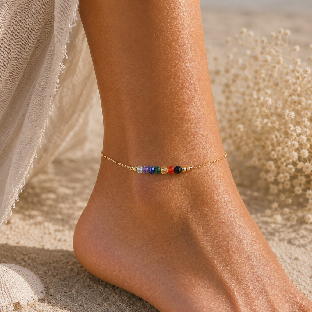 Sparkling Chakra Energy Crystals Faceted Bead Bar Anklet
