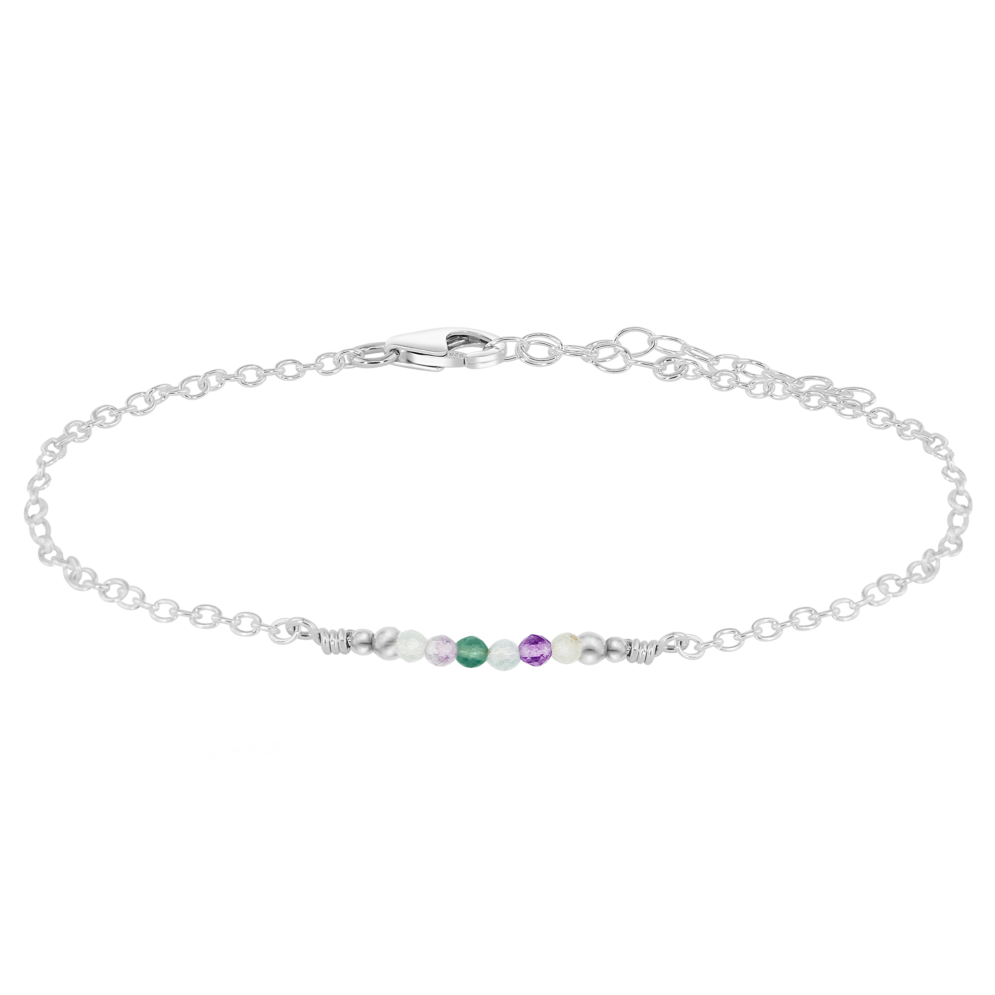 Sparkling Fluorite Gemstone Faceted Bead Bar Anklet - Sparkling Fluorite Gemstone Faceted Bead Bar Anklet - Sterling Silver - Luna Tide Handmade Crystal Jewellery