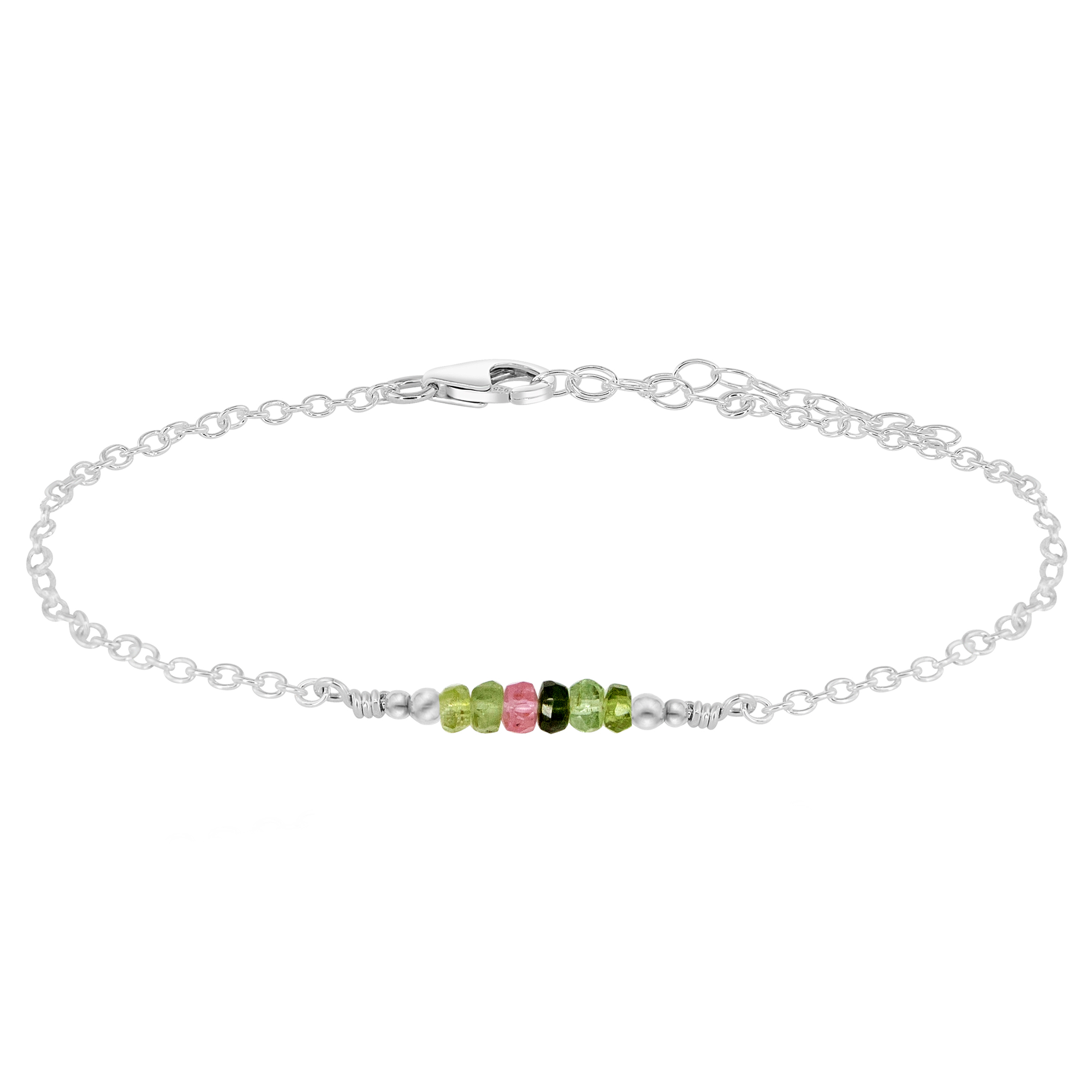 Sparkling Rainbow Tourmaline Gemstone Faceted Bead Bar Anklet - Sparkling Rainbow Tourmaline Gemstone Faceted Bead Bar Anklet - Sterling Silver - Luna Tide Handmade Crystal Jewellery
