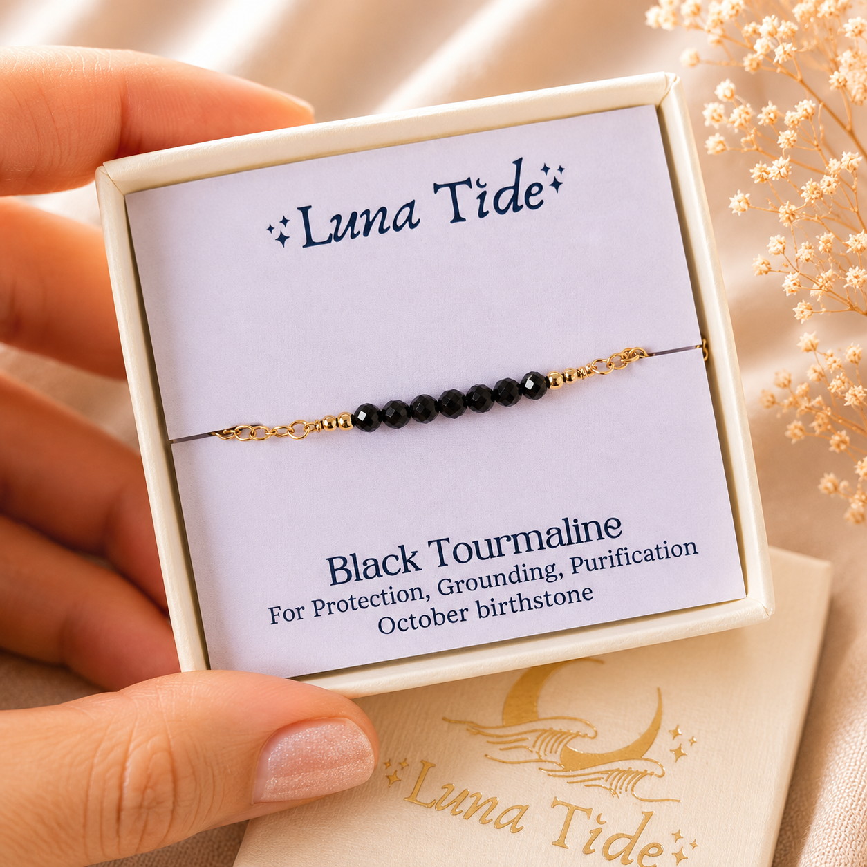 Sparkling Black Tourmaline Gemstone Faceted Bead Bar Anklet