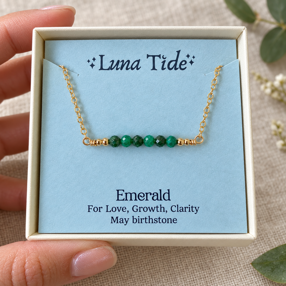 Sparkling Green Emerald Faceted Bead Bar Necklace