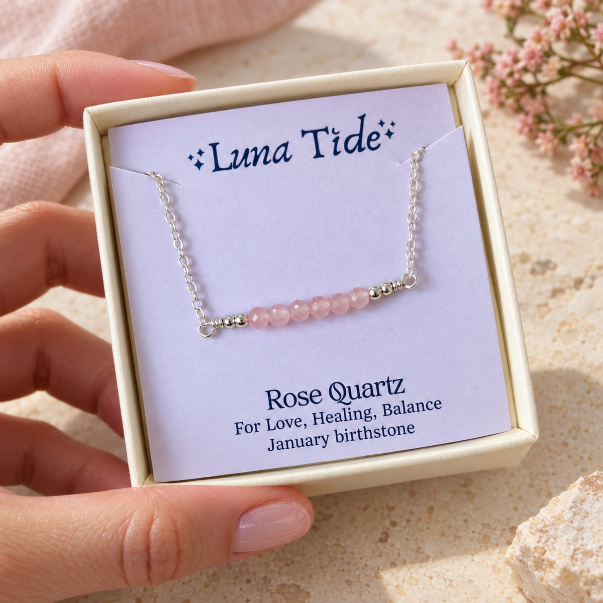 Sparkling Pink Rose Quartz Faceted Bead Bar Necklace