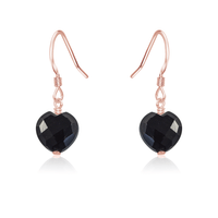 Black Onyx Crystal Heart Dangle Earrings - Black Onyx Crystal Heart Dangle Earrings - 14k Rose Gold Fill - Luna Tide Handmade Crystal Jewellery