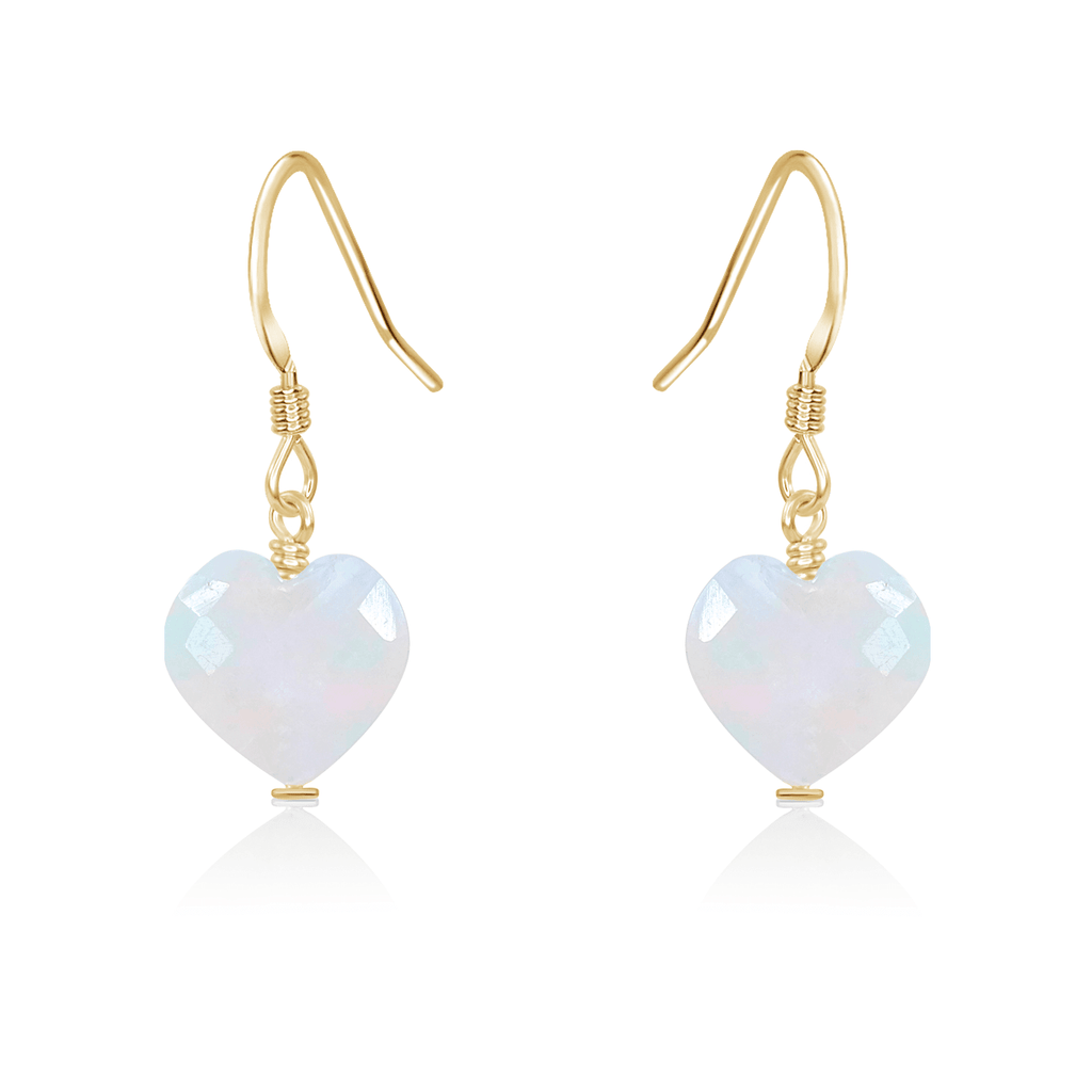 Rainbow Moonstone Crystal Heart Dangle Earrings - Rainbow Moonstone Crystal Heart Dangle Earrings - 14k Gold Fill - Luna Tide Handmade Crystal Jewellery