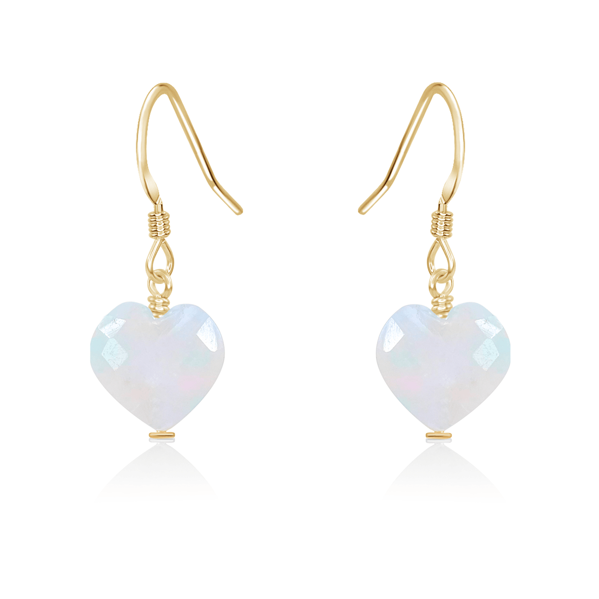 Rainbow Moonstone Crystal Heart Dangle Earrings - Rainbow Moonstone Crystal Heart Dangle Earrings - 14k Gold Fill - Luna Tide Handmade Crystal Jewellery