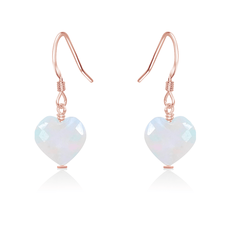 Rainbow Moonstone Crystal Heart Dangle Earrings - Rainbow Moonstone Crystal Heart Dangle Earrings - 14k Rose Gold Fill - Luna Tide Handmade Crystal Jewellery