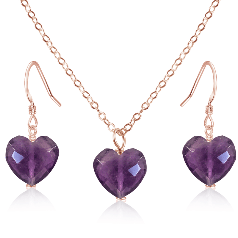 Amethyst Crystal Heart Jewellery Set - Amethyst Crystal Heart Jewellery Set - 14k Rose Gold Fill / Cable / Necklace & Earrings - Luna Tide Handmade Crystal Jewellery