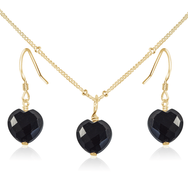 Black Onyx Crystal Heart Jewellery Set - Black Onyx Crystal Heart Jewellery Set - 14k Gold Fill / Satellite / Necklace & Earrings - Luna Tide Handmade Crystal Jewellery