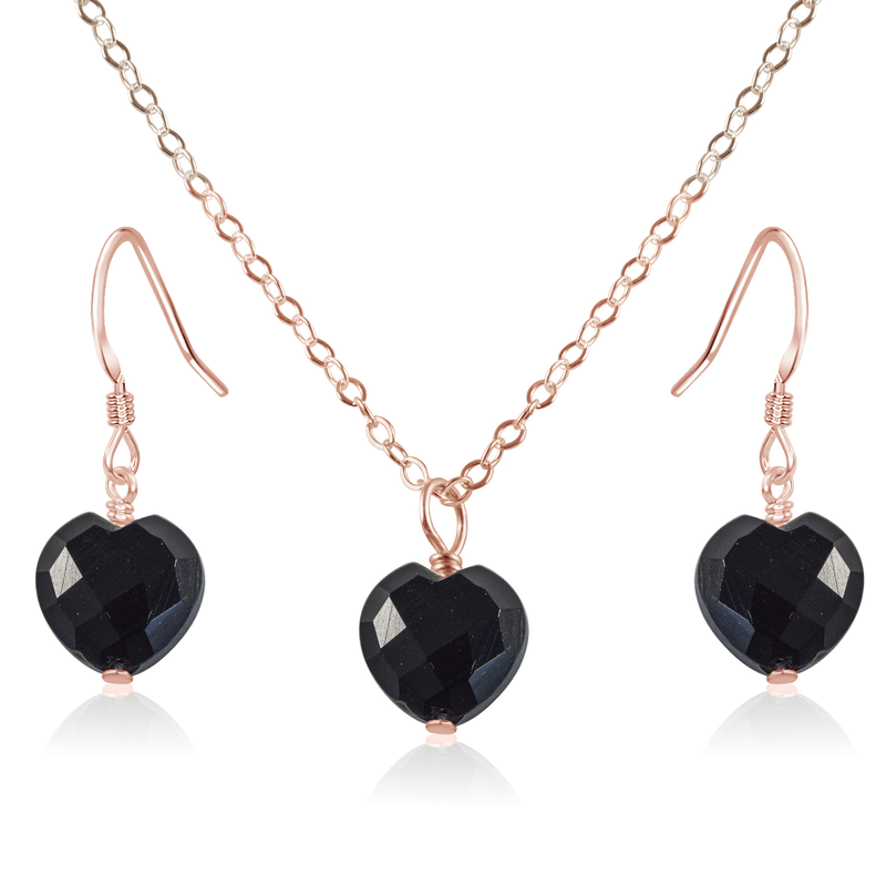 Black Onyx Crystal Heart Jewellery Set - Black Onyx Crystal Heart Jewellery Set - 14k Rose Gold Fill / Cable / Necklace & Earrings - Luna Tide Handmade Crystal Jewellery