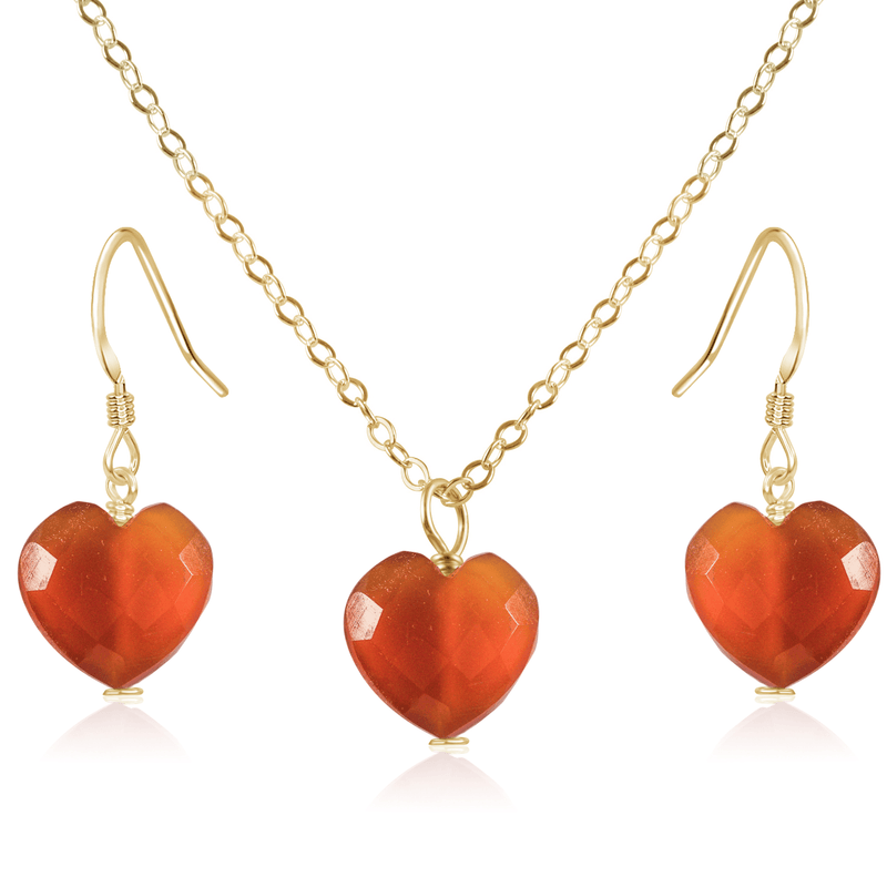 Carnelian Crystal Heart Jewellery Set - Carnelian Crystal Heart Jewellery Set - 14k Gold Fill / Cable / Necklace & Earrings - Luna Tide Handmade Crystal Jewellery