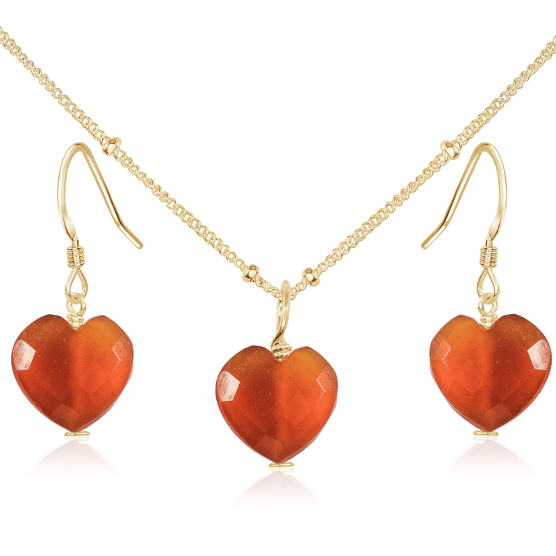 Carnelian Crystal Heart Jewellery Set - Carnelian Crystal Heart Jewellery Set - 14k Gold Fill / Satellite / Necklace & Earrings - Luna Tide Handmade Crystal Jewellery