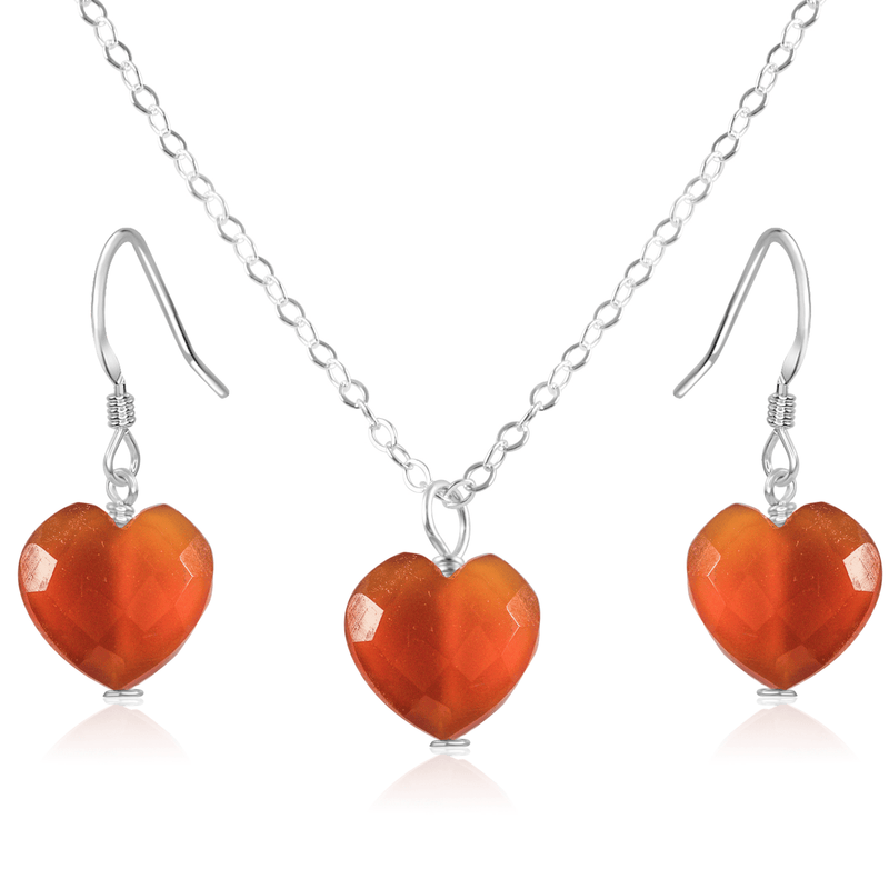 Carnelian Crystal Heart Jewellery Set - Carnelian Crystal Heart Jewellery Set - Sterling Silver / Cable / Necklace & Earrings - Luna Tide Handmade Crystal Jewellery