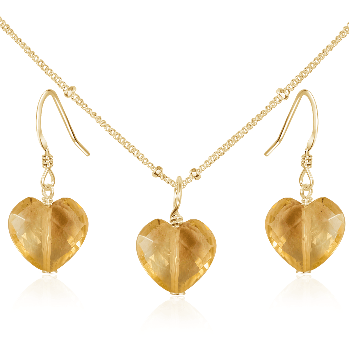 Citrine Crystal Heart Jewellery Set - Citrine Crystal Heart Jewellery Set - 14k Gold Fill / Satellite / Necklace & Earrings - Luna Tide Handmade Crystal Jewellery