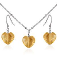 Citrine Crystal Heart Jewellery Set - Citrine Crystal Heart Jewellery Set - Stainless Steel / Satellite / Necklace & Earrings - Luna Tide Handmade Crystal Jewellery